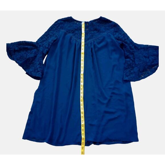 Luxology Dress Sz Large Blue Lined Lace Detail 3/4 Sleeves Flowy Boho Flirty - Picture 10 of 12